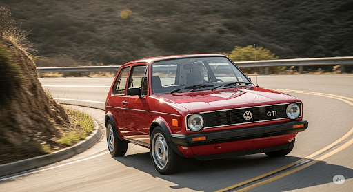 Volkswagen San Diego Culture showing a red VW GTI cruising along a windy road in San Diego