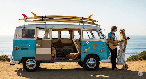 Volkswagen San Diego Culture - a VW bus with surfboards on top and next to it stand a male hippy with a guitar and a female hippy with flowing dress and flowers in her hair