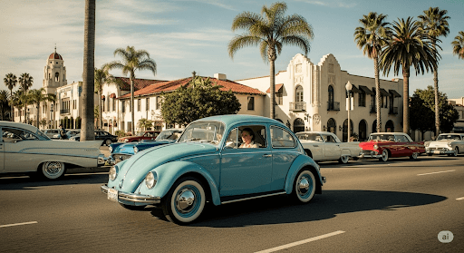 Volkswagen culture San Diego shows a VW Beetle driving through North Park San Diego in the 1950s