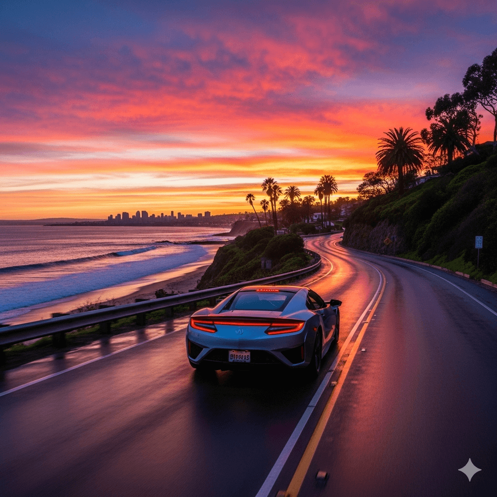 Acura driving along a San Diego road at sunset to illustrate that Pacific Automotive is a trusted local service shop for Acuras