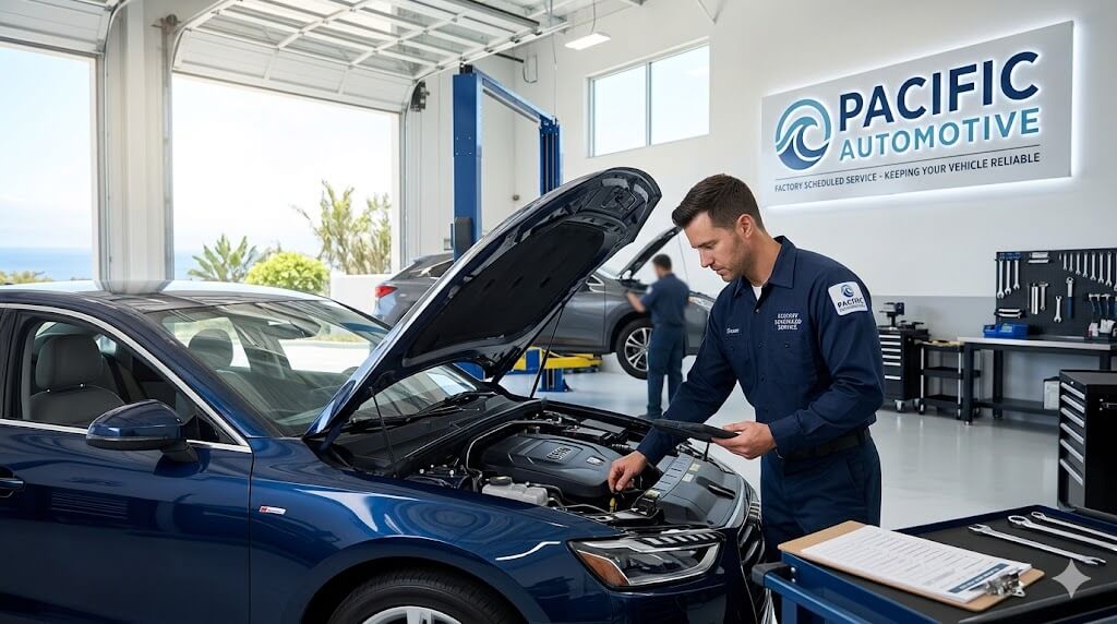 A uniformed Pacific Automotive technician, using a tablet, performs a factory scheduled service in a clean, modern service bay on a car with an open hood.