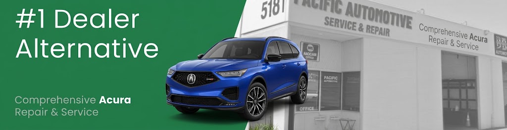 Acura MDX Type S, in Apex Blue Pearl. Front three quarters view, in front of Pacific Automotive storefront, representing Acura repair and service San Diego