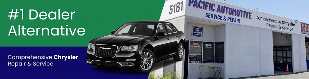 A black Chrysler, front three quarters view, in front of Pacific Automotive storefront, representing Chrysler repair and service San Diego. The text reads #1 Dealer Alternative.