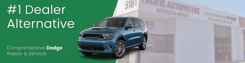 A blue Dodge Durango, front three quarters view, in front of Pacific Automotive storefront. The text reads #1 Dealer Alternative.