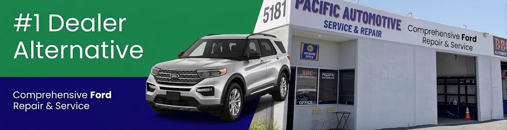 A silver Ford Explorer, front three-quarters view, in front of Pacific Automotive storefront, representing Ford Repair and service San Diego. The text reads #1 Dealer Alternative.