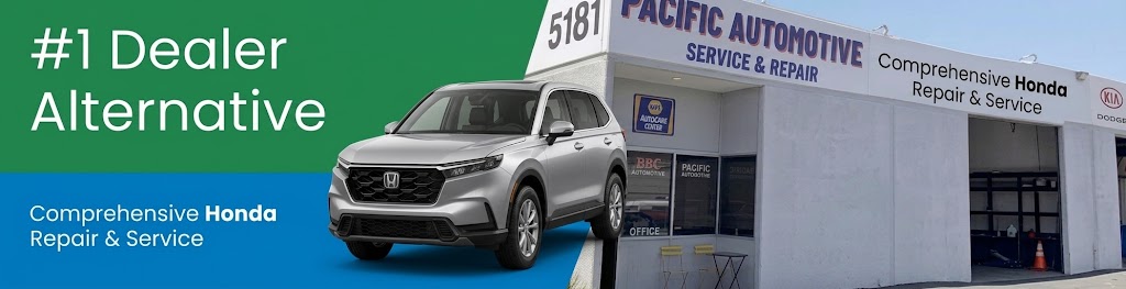 A silver Honda CR-V, front three quarters view, in front of Pacific Automotive storefront, representing Honda repair and service San Diego. The text reads #1 Dealer Alternative.
