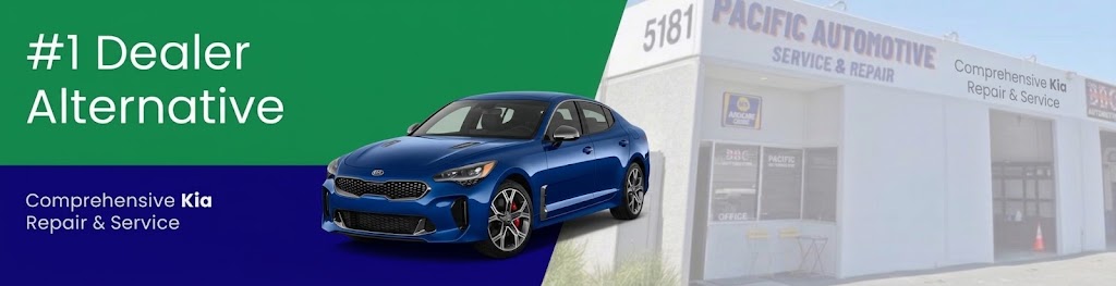 A blue Kia Stinger, for Kia Repair and Service in San Diego, shown outside Pacific Automotive storefront. The text reads "#1 Dealer Alternative."