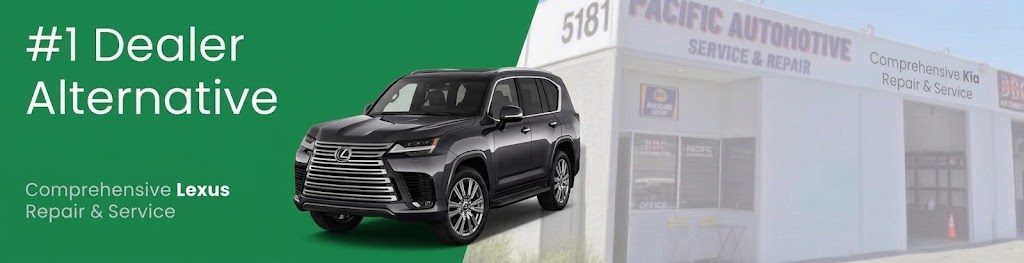 Lexus LX in charcoal grey, front three quarters view, in front of Pacific Automotive, representing Lexus repair and service San Diego. The text reads #1 Dealer Alternative.