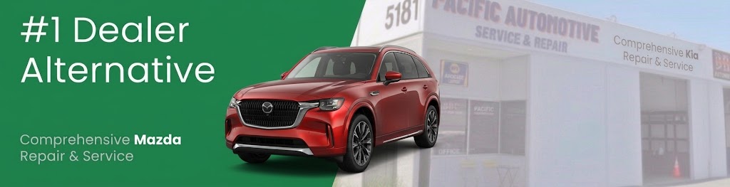 Mazda CX-90 in Soul Red Crystal Metallic, front three quarters view, in front of Pacific Automotive storefront, representing Mazda repair and service San Diego. The text reads #1 Dealer Alternative.