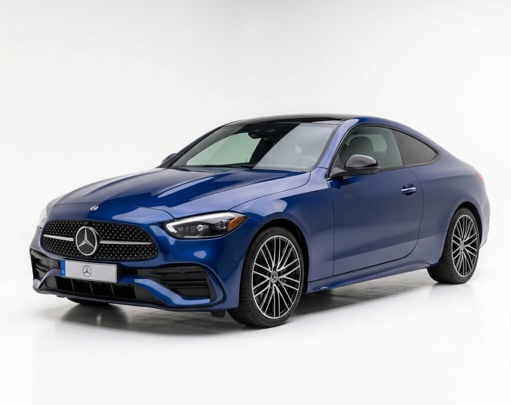 Blue Mercedes, front three quarters view, representing Mercedes repair and service in San Diego with Pacific Automotive
