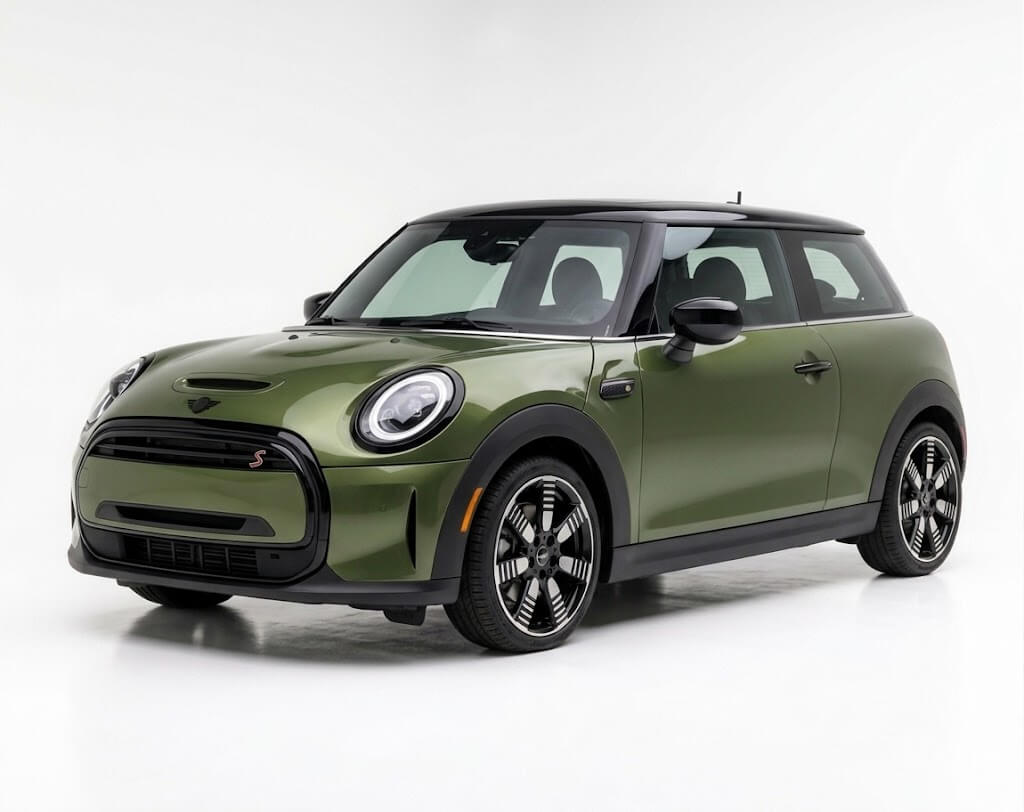 Green Mini Cooper, front three quarters view, for Pacific Automotive Mini Cooper repair and service in San Diego