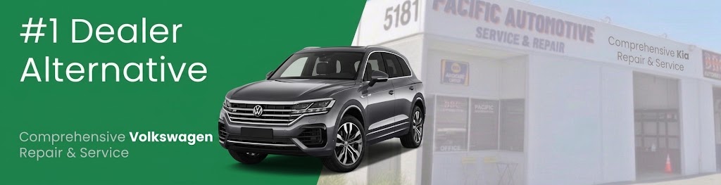 Platinum Grey Metallic Volkswagon Touareg, front three quarters view, in front of Pacific Automotive, representing Volkswagon repair and service San Diego. The text reads #1 Volkswagon dealer alternative.